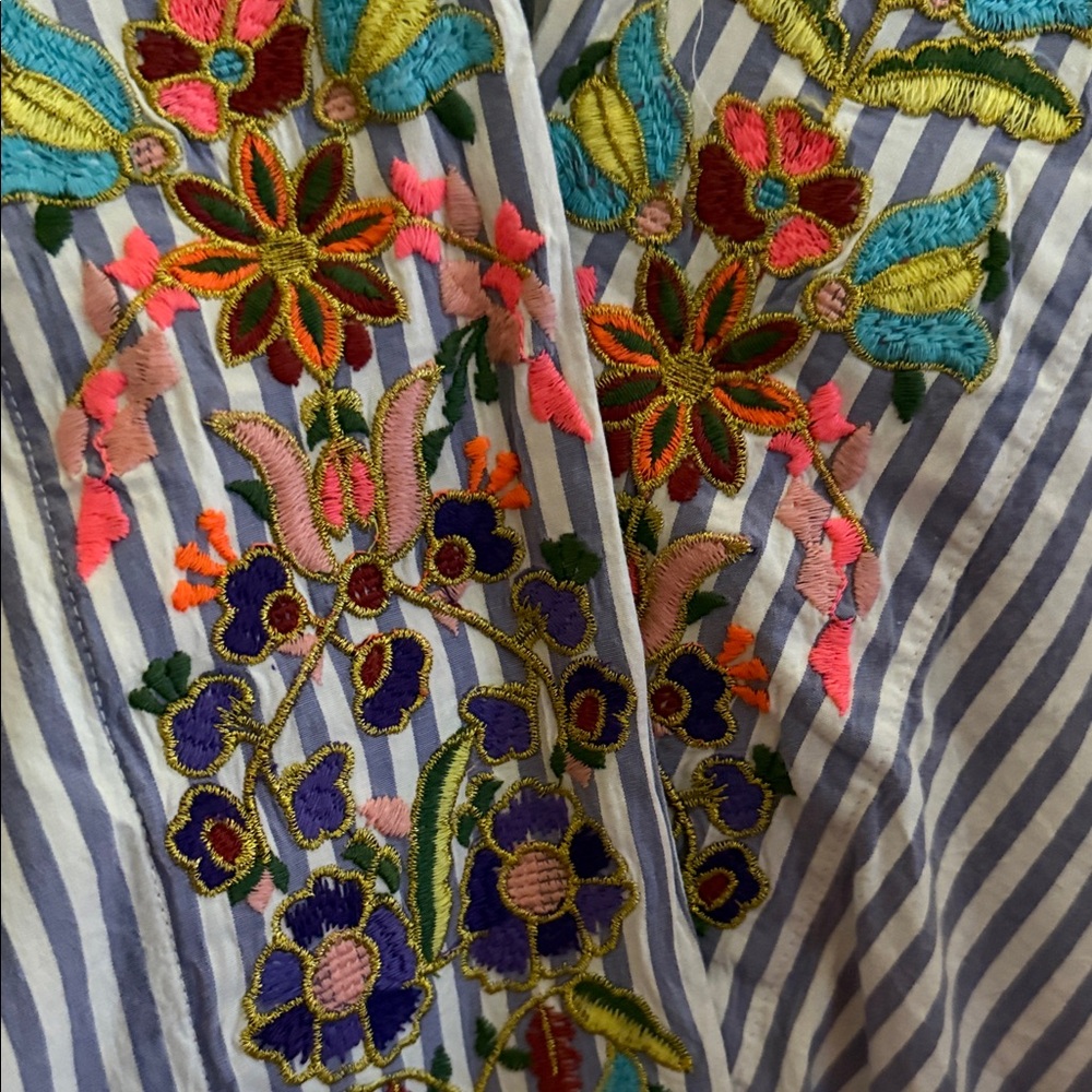 Anthropologie Blue Striped Floral Embroidered Blouse - Picture 4 of 4